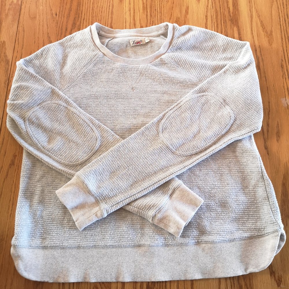 FAHERTY Women Size S Thermal Top Waffle Knit Crewneck Oversized Elbow Patch Grey